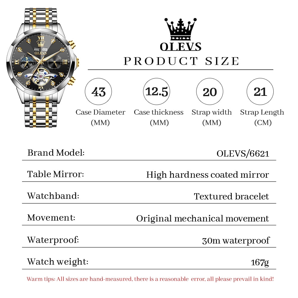 OLEVS Automatic Watches for Men Luxury Dress Waterproof Self Winding Mechanical Moon Phase Chronograph Stainless Steel Luminous Diamond Date Skeleton Tourbillon Wristwatch for Men Reloj Para Hombre
