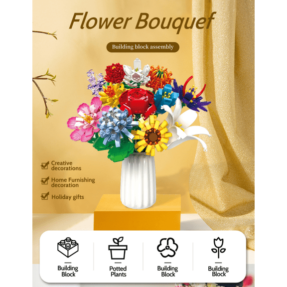 OKKIDY Flower Bouquet Building Set Compatible with Lego, ABS Material Building Block Flower, Idea Gifts for Adults Women Girls Ages 6 , No Vase, 1009PCS