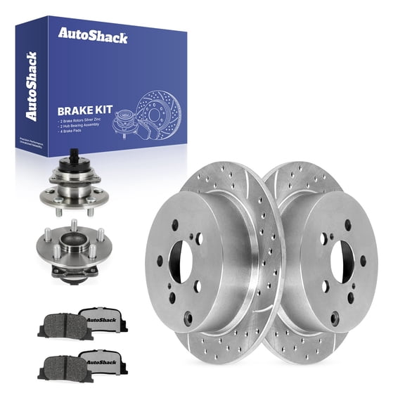 AutoShack Rear Solid Drilled & Slotted Silver Zinc Coated Brake Rotors   Ceramic Pads   Hub Bearing Assembly 8-PC Brake Kit Replacement for 2005-2010 Scion tC SilverShield Pro 10.59" (269 mm)