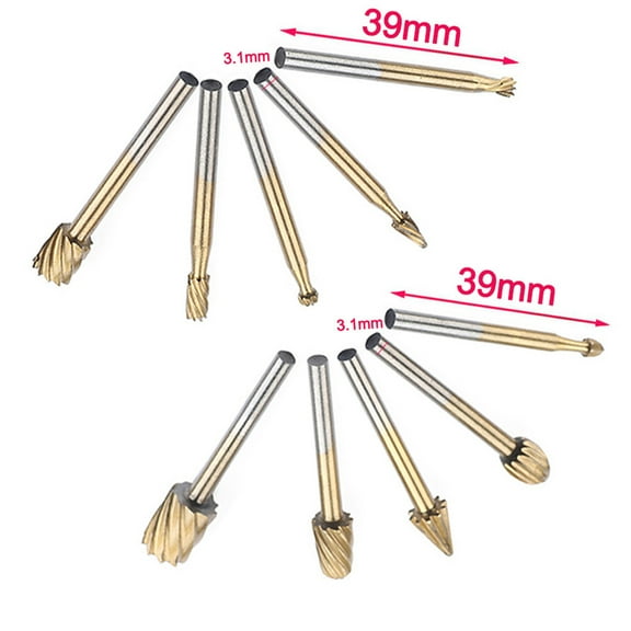 Meiiso 10 Pcs/Set HSS Dremel Routing Rotary Milling Rotary File Cutter Wood, for Woodworking, Carving, 10-Piece Fine Needle Rotary File Set, Gold Titanium Coating, Durable