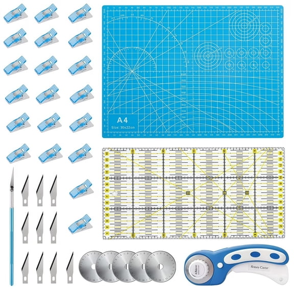 39 Pcs Rotary Cutter Set Blue with 45mm Fabric Cutter and Extra Blades for Quilting
