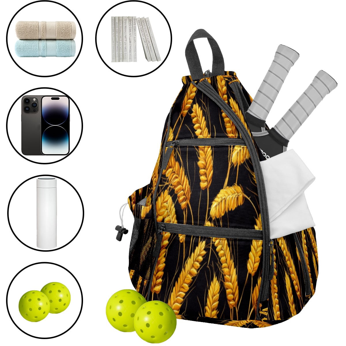 Pickleball Bags for Men Women Pickleball Backpack with Large Capacity Lightweight Adjustable Pickleball Sling Bag Hold Paddles, Balls, Accessories Wheat Pattern