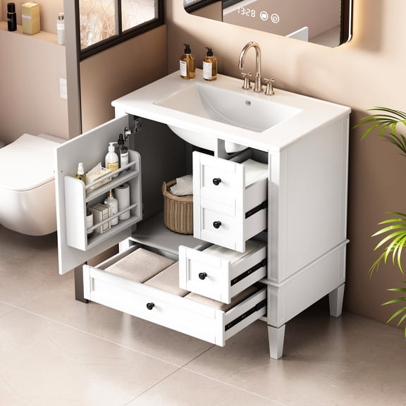 30 Inch White Bathroom Vanity With Ceramic Sink - Solid Wood Frame And 3 Functional Drawers In Fashionable For Bath