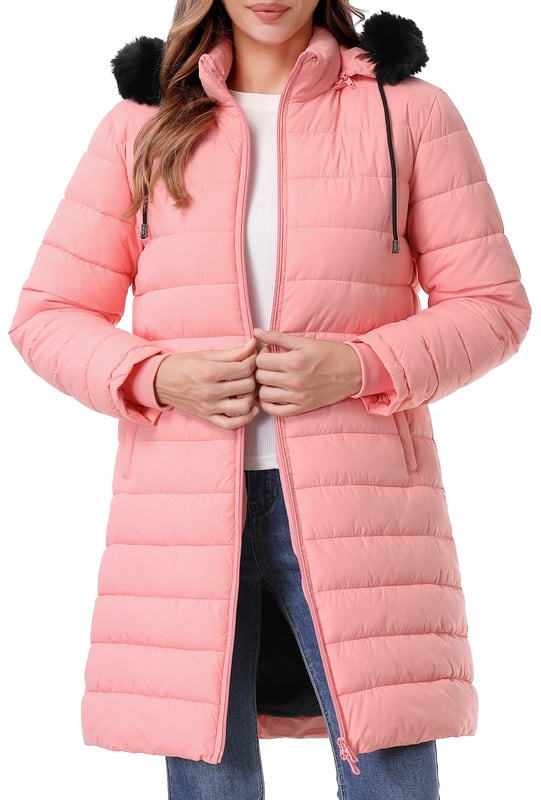 Women's Long Winter Coats Thicken Fleece Lined Parka Down Puffer Jacket With Faux Fur Detachable Hood, Pink L