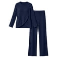 thumbnail image 4 of Brnmyaeo Womens 2 Piece Sets Ribbed Knit Asymmetrical Hem Long Sleeve Top and Straight Leg Pants Warm Cozy Matching Sets Airport Outfit, 4 of 7