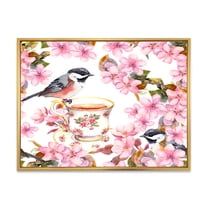 Designart 'Tea Cup Birds and Pink Flowers' Traditional Framed Canvas Wall Art Print