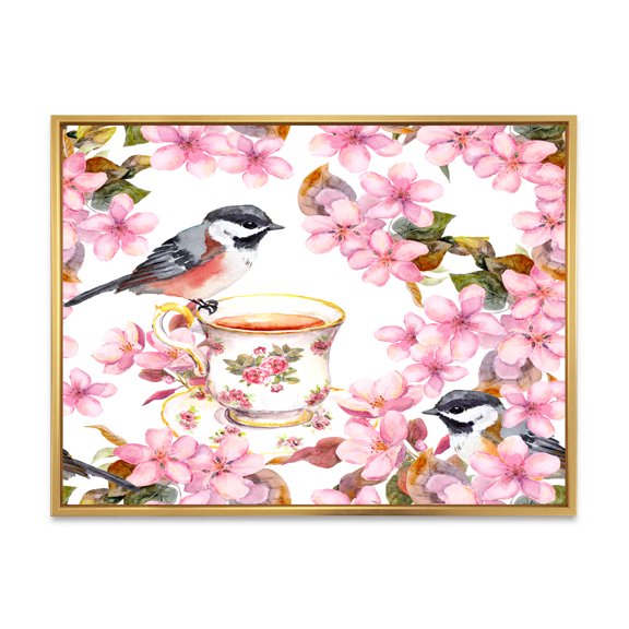 Designart 'Tea Cup Birds and Pink Flowers' Traditional Framed Canvas Wall Art Print