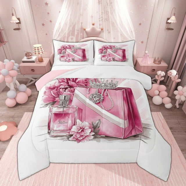 Manfei Ensemble de Douillette pour Filles avec Sac de Parfum, Ensembles de Douillette Simple avec Collier Couronne de Princesse, Ensemble de Literie à Fleurs Roses Aquarelle, Déco de Chambre Super Douillette, 2 Pcs Réversible