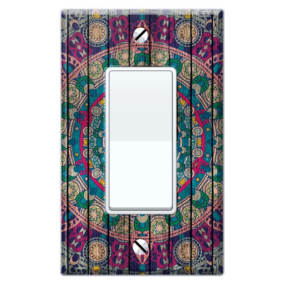 WIRESTER 1-Gang Decorator Light Switch Plate/Wall Plate Cover, Bohemian Blue Mandala Wood Look