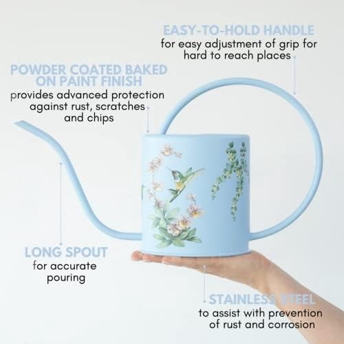 Watering Can for Indoor House Plants & Spray Water Mist Bottle - Cute Decorative Metal Gardening Small Water Can for Houseplants & Flowers with Long Spout - 1.5L 51floz 0.4 Gallon (Hummingbird Blue)