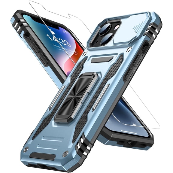 for iPhone 13 Mini Case with Screen Protector,Sliding Camera Cover,-Grade Cover with  Stand Phone Case 5.4" Light Blue