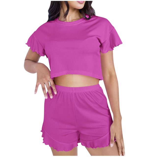 Ensembles de Pyjama pour Femmes 2 Pcs Manches Courtes Col Rond Manches Courtes Hauts de Pyjama Courts Blouses Classiques Ultra Doux Texturés Shorts de Pyjama Extensibles Chemise de Nuit