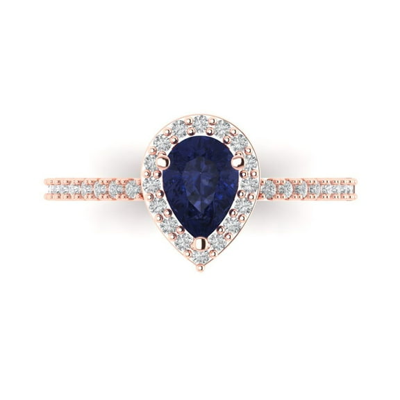 0.755 ctw with Simulated Diamond Halo Accents Anniversary Ring for Women | Pear Cut Simulated Blue Sapphire | Hyperallergenic Solid 14K Rose Gold