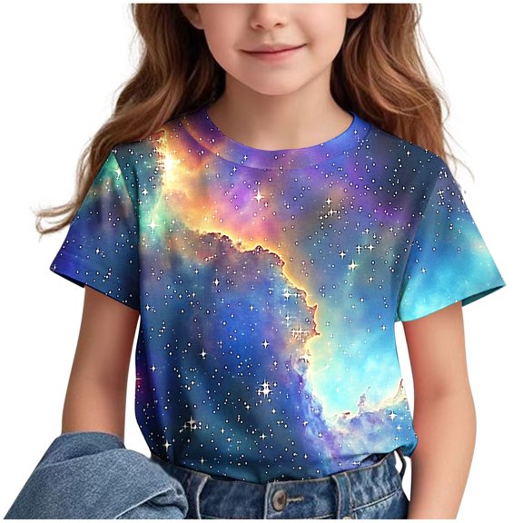 Lopecy-Sta Children Girls Short Sleeve PrintPattern T-shirt Round Neck Half Sleeve Casual Versatile Top 3-4 Years