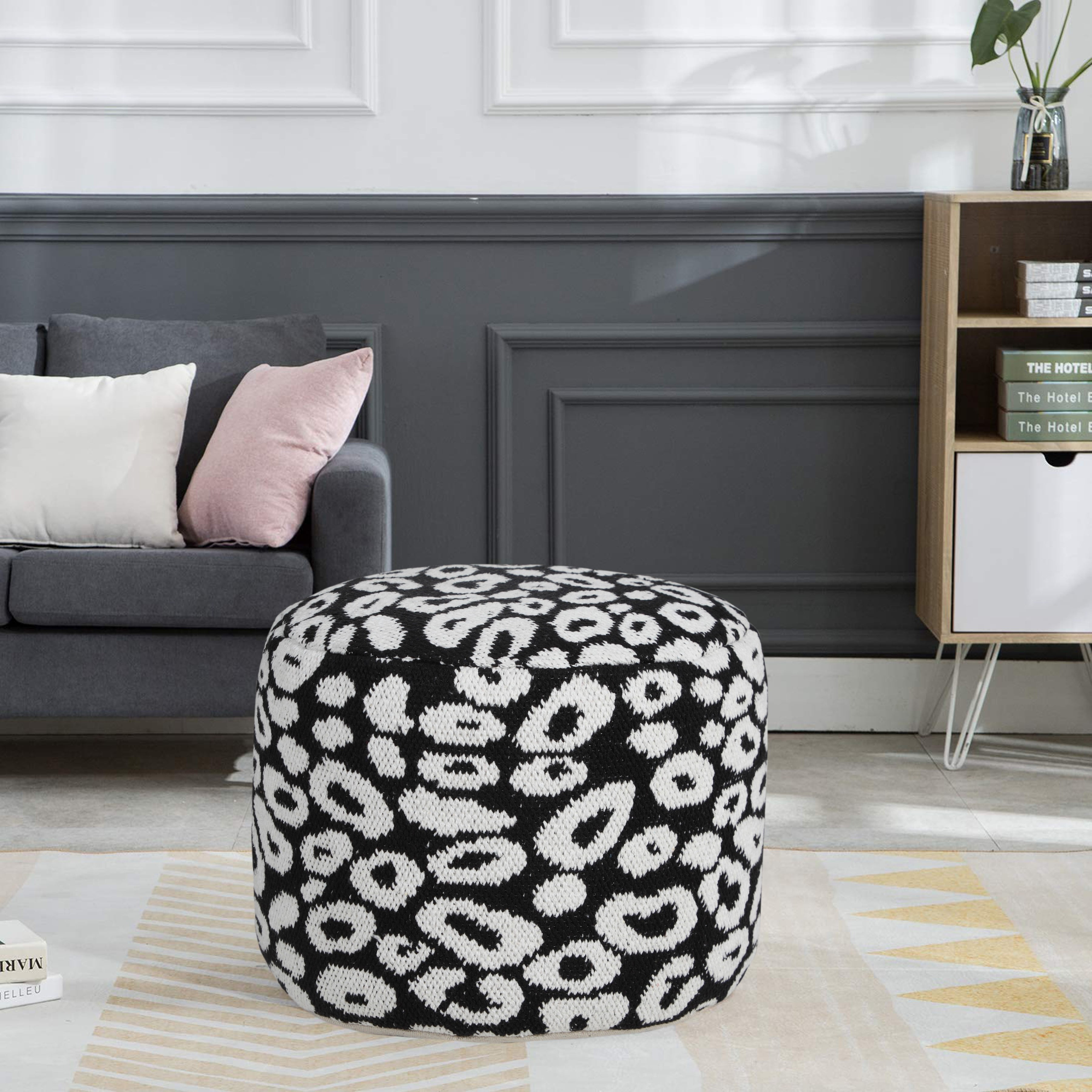 LR Home Small Abstract Indoor Round Pouf, Black/White, 18" x 18" x 14"