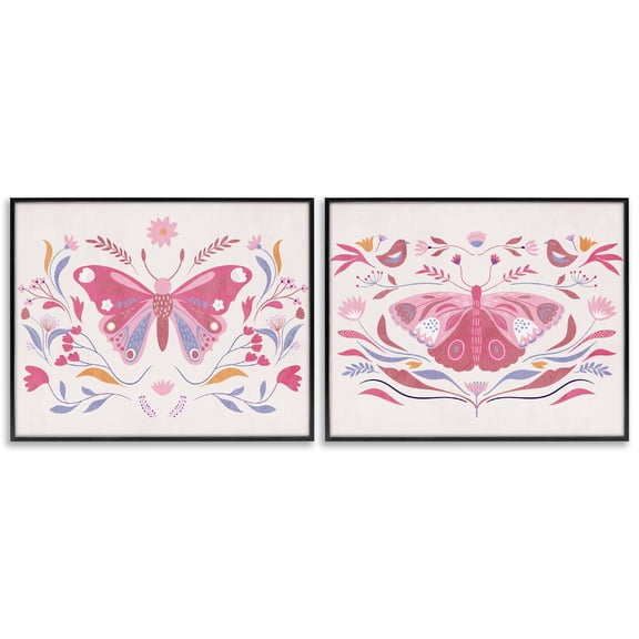 Stupell Industries Boho Folk Butterflies 2 Piece Black Framed Giclee Art Set, design by Kim Allen