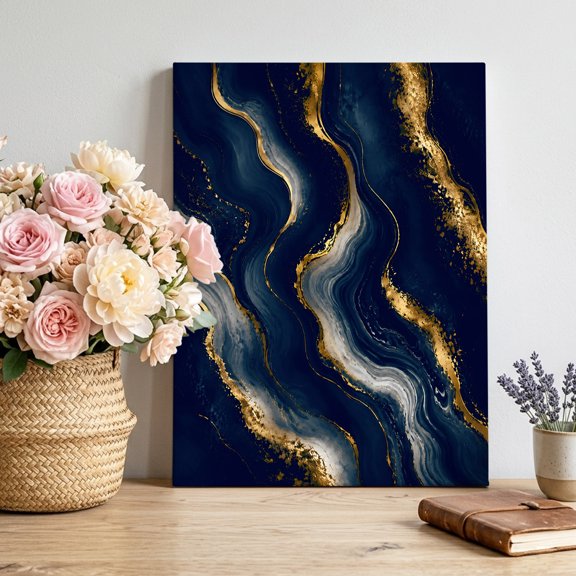 Blue Gold Marble Canvas Wall Art for Living Room, Modern Abstract Minimalist Ocean Waves Lines Poster Print Painting for Entryway Side Of Cabinet Decoration Wall Pictures Prepare To Hang 8"x12"