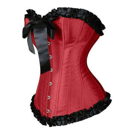 CHCNHAC Corset Tops for Women Floral Trim Corset Bodysuit Satin Boned Lace Up Tummy Control Shapewear Vintage Plus Size Victorian Corsets Wine S