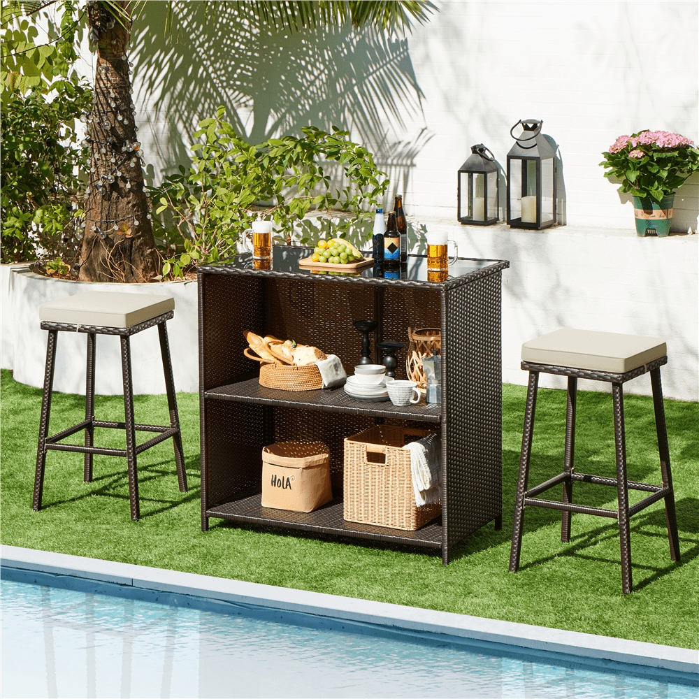 Renwick 3-Piece Outdoor Rattan Wicker Patio Furniture Set, Brown/Khaki