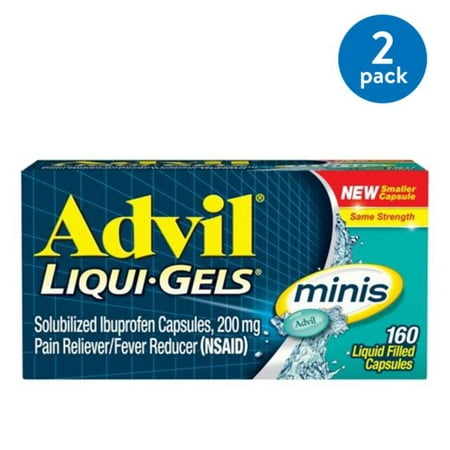 Ibuprofen 500mg (2 Pack) Advil Liqui-Gels minis (160 Count) Pain Reliever / Fever Reducer Liquid Filled Capsule, 200mg Ibuprofen, Easy to Swallow, Temporary Pain Relief ()