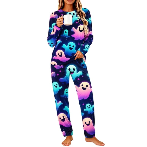 Women's Halloween Pajama Set Long Sleeve Pullover Top and Pants Pumpkin Ghost Print 2-Piece Sleepwear