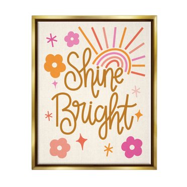 Shine Bright Floral Phrase Inspirational Graphic Art Metallic Gold Framed Art Print Wall Art