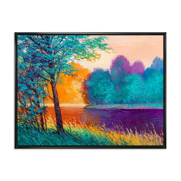 Designart 'Colorful Trees During Twilight Along River' Traditional Framed Canvas Wall Art Print