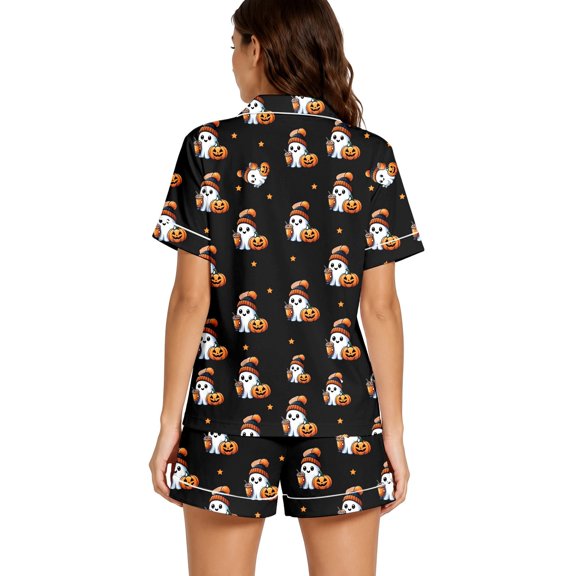 Outfits for Women Halloween Lightweight Graphic Lapel Short Sleeve Buttoned Pocket Top And Shorts 2 Piece At Home Wear Women's Clothing Sets L