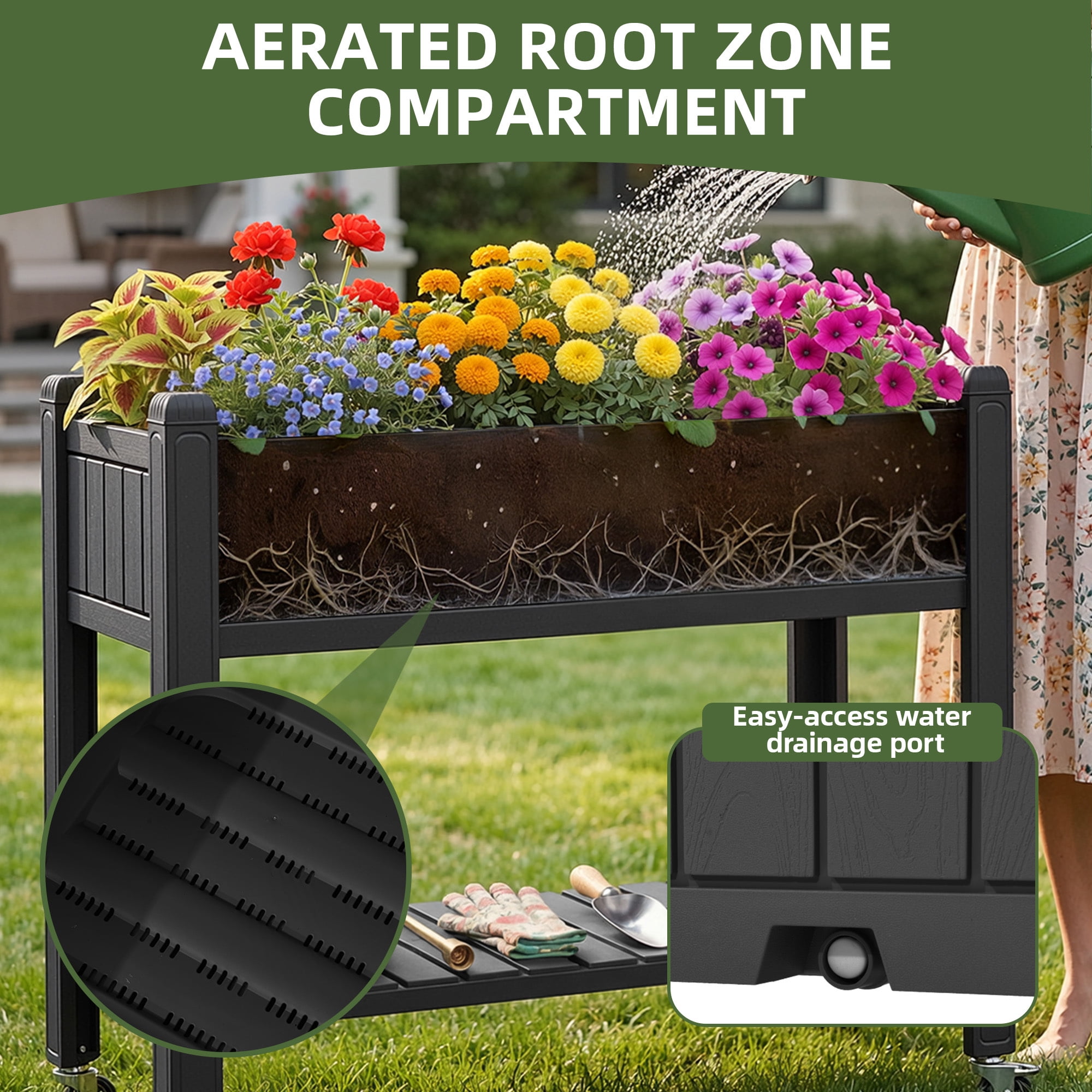 Uforic Mobile Raised Garden Bed 42.5x17.3x35.4 in, Elevated Plastic Planter Box with Drain Plug, Storage Shelf & Wheels, Black