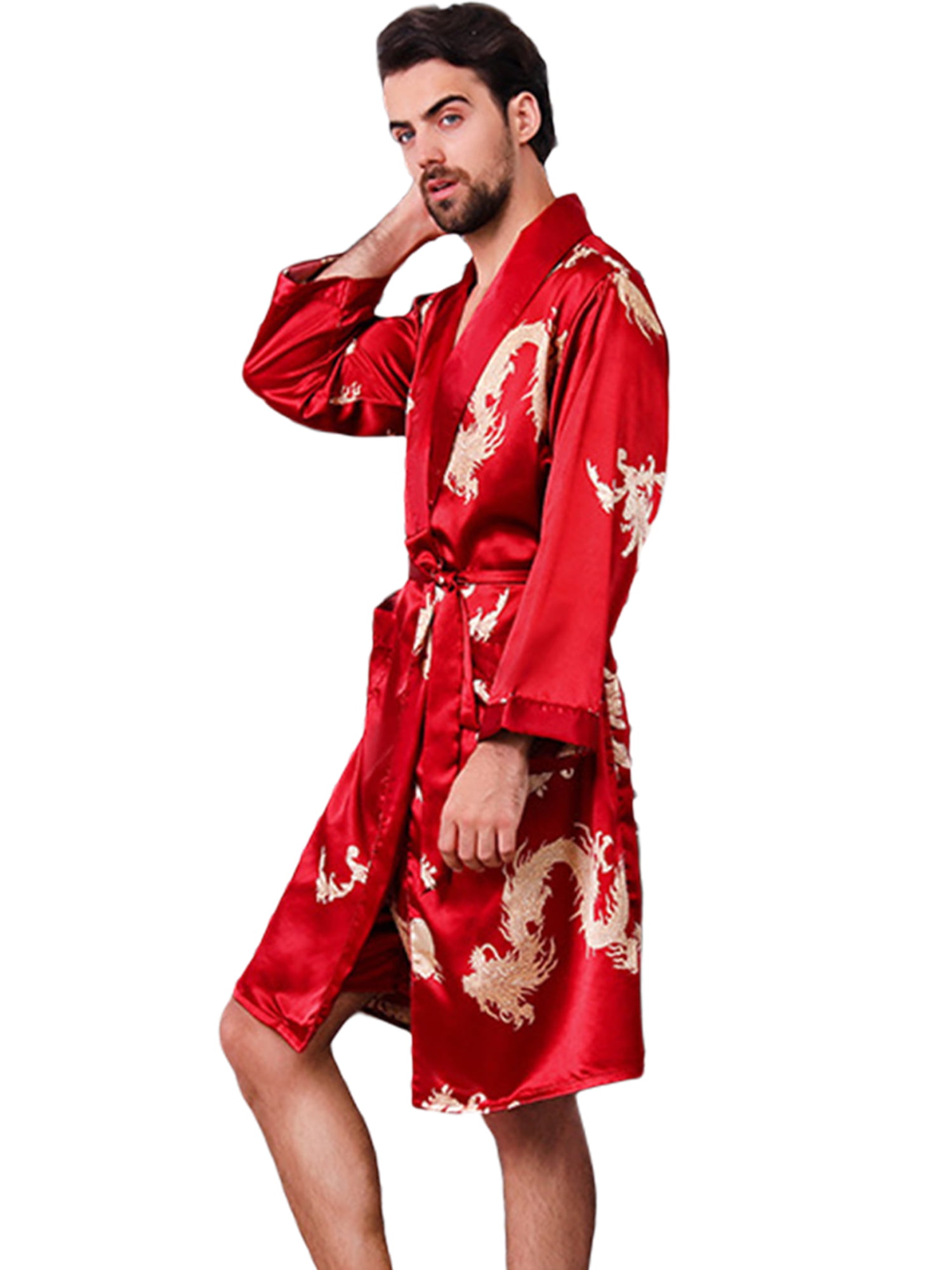 Shorts 2Pcs Men Kimono Bathrobe Silk Satin Pajamas Sleepwear Nightwear Gown 