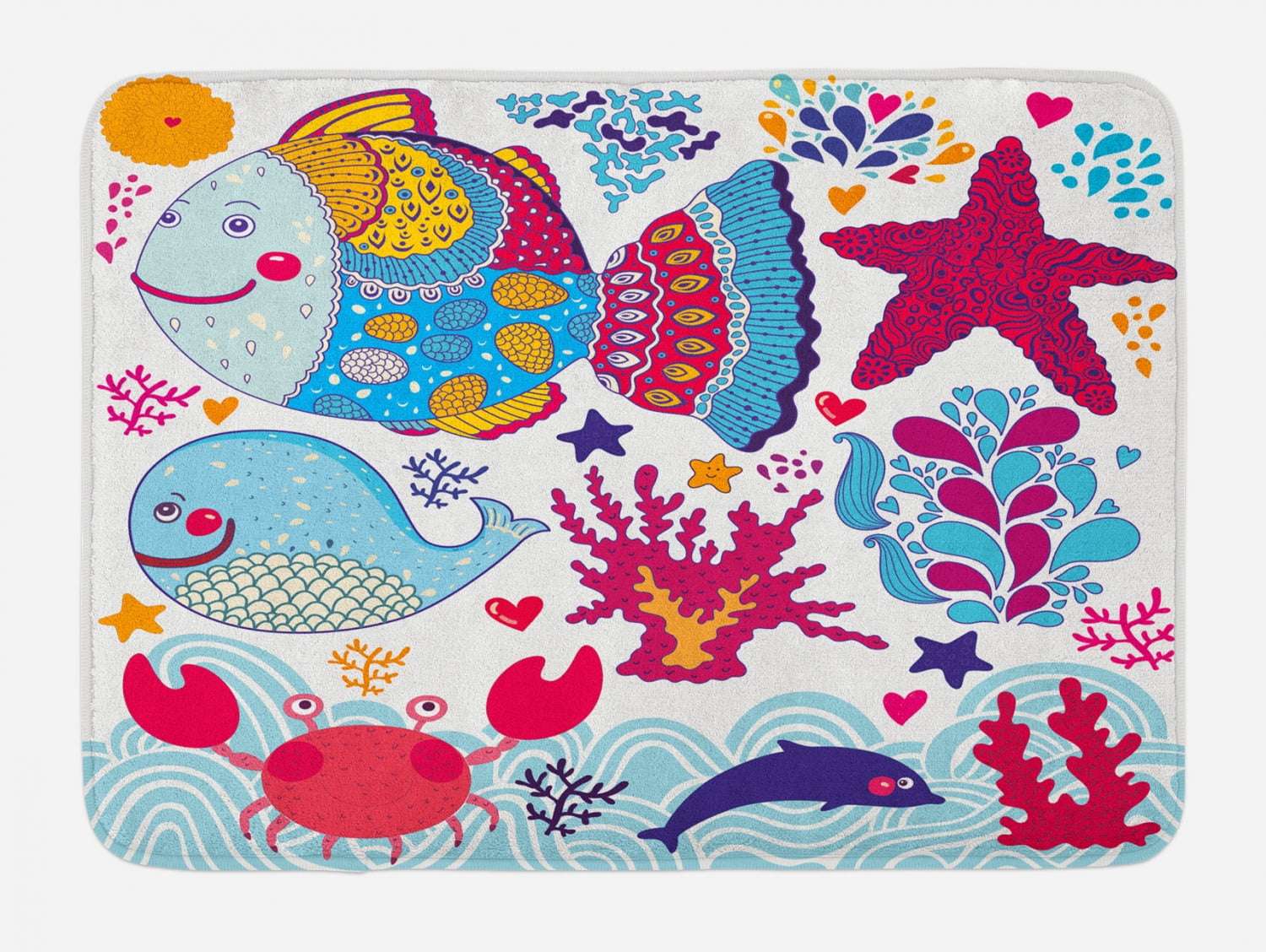 Fish Bath Mat, Fish Motifs with Ethnic Tribal Effects and Starfish Crab