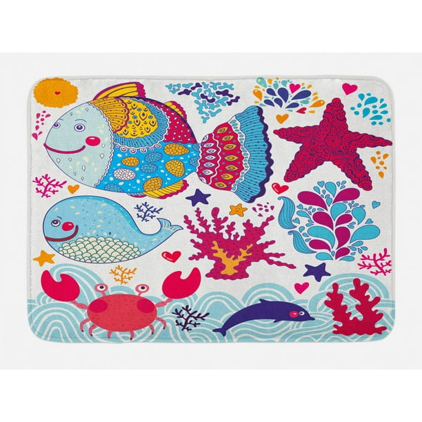 Fish Bath Mat, Fish Motifs with Ethnic Tribal Effects and Starfish Crab