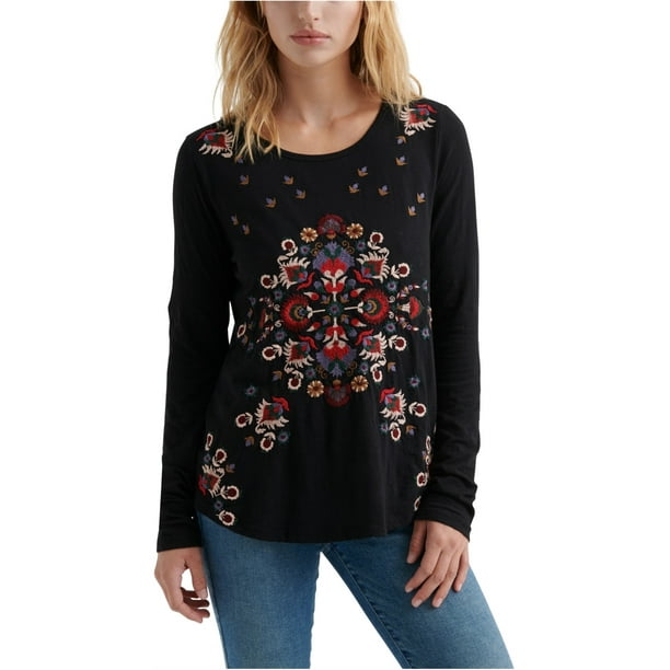 Lucky Brand Womens Embroidered Pullover Blouse, Black, X-Small 