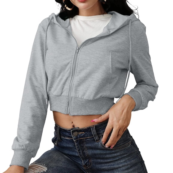 Women's Sporty Cropped Zip-Up Hoodie - Stylish Short Length Crop Top Hooded Jacket, Athletic Casual Outerwear, Gray Size S