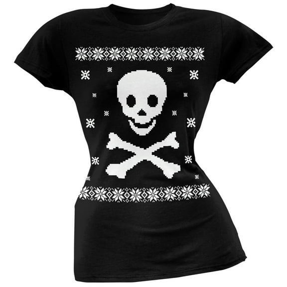 Big Skull & Crossbones Ugly Christmas Sweater Black Soft Juniors T-Shirt - Large