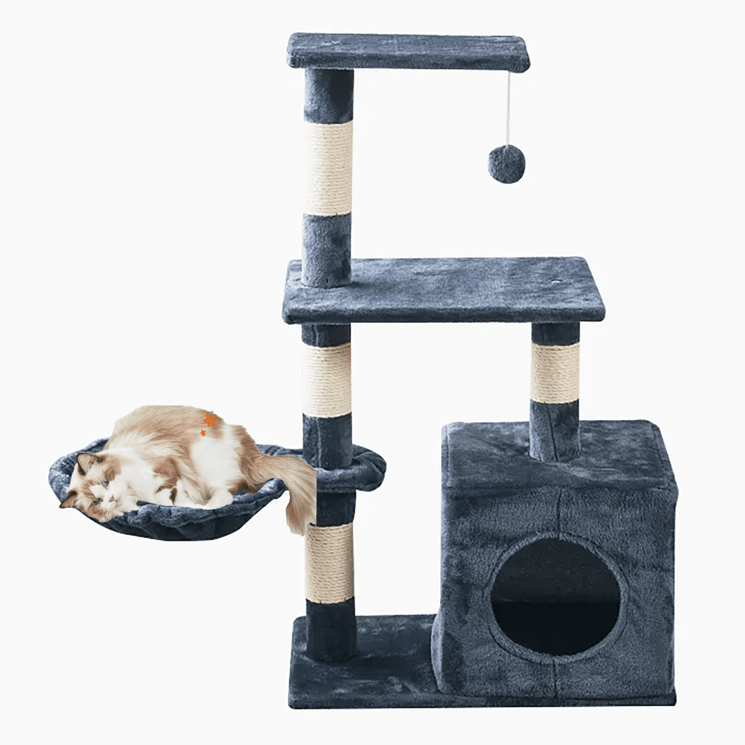 Asunby Cat Tower Tree,38-inch Multi-Level Cat Tree for Kittens | Gray-Blue | 2 Hammocks, Top Platform & Pompoms
