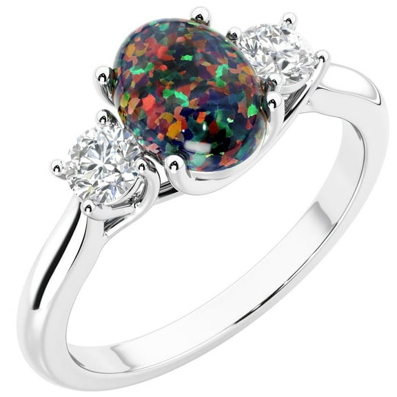 Peora Black Opal and Lab Grown Diamond 3-Stone Trellis Ring 14K Gold 1.30 Carats Oval