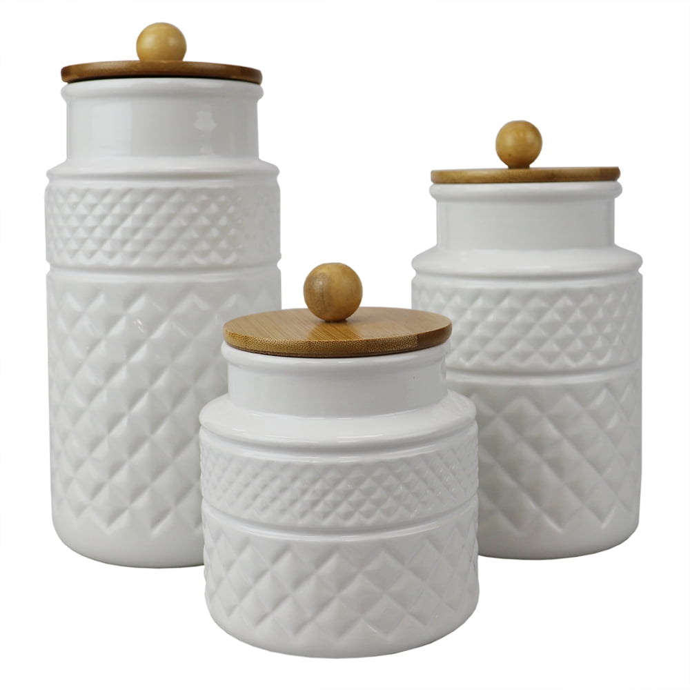 Home Basics 3 Piece Embossed Ceramic Canister with Bamboo Tops, White