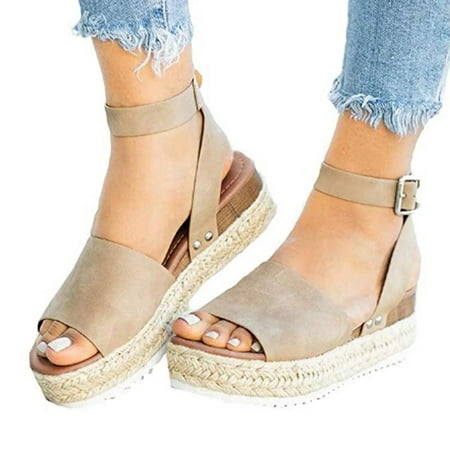 

Hvyes Women s Topic Open Toe Buckle Ankle Strap Espadrille Wedge Casual Synthetic Sandal Summer Beach Platform Sandals Size 6
