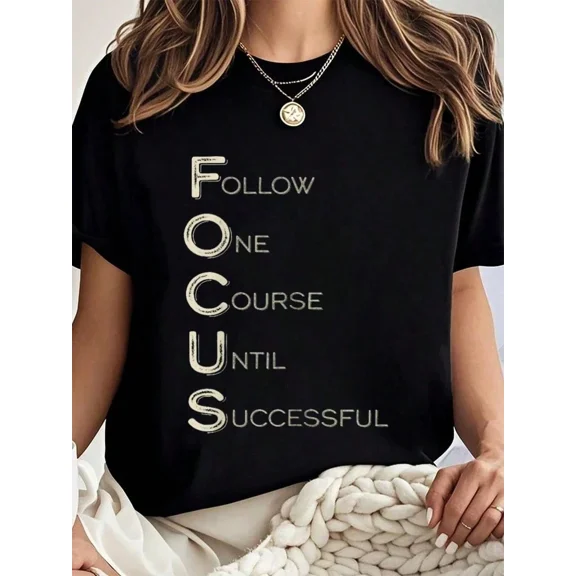 Women's Motivational FOCUS Graphic T-Shirt Follow One Course Until Successful Inspirational Black Short Sleeve Crew Neck Tee