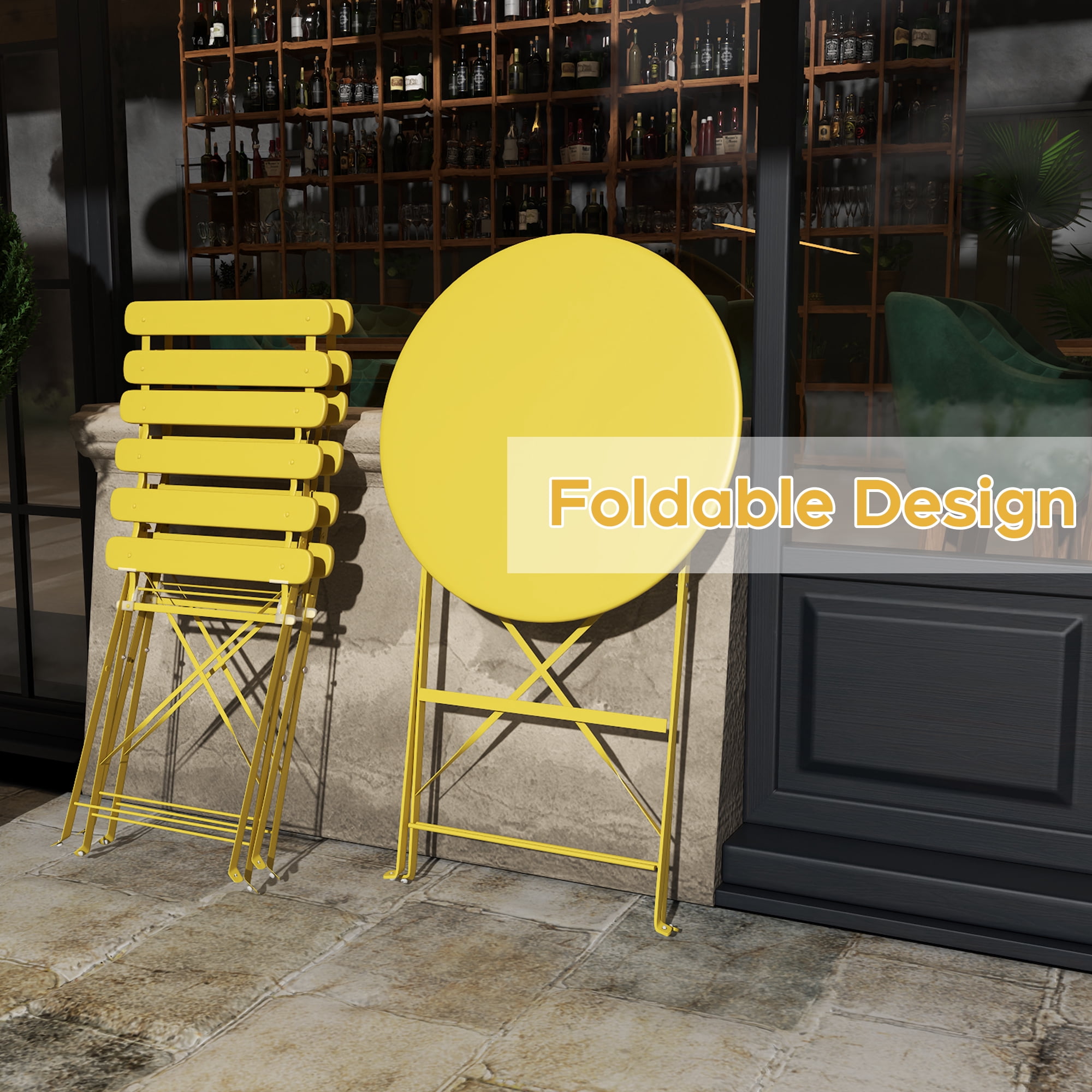 3‑Piece Yellow Folding Bistro Table and 2‑Chair Set, Indoor & Outdoor Patio Furniture with Cushions, Heavy‑Duty Rust‑Resistant Frame for Balcony Yard Garden
