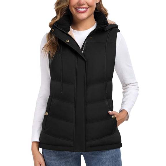 LVWQ Puffer Vest for Women Sherpa Fleece Lined Quilted Padded Vest with Detachable Hood, Adjustable Waist and Pockets for Winter