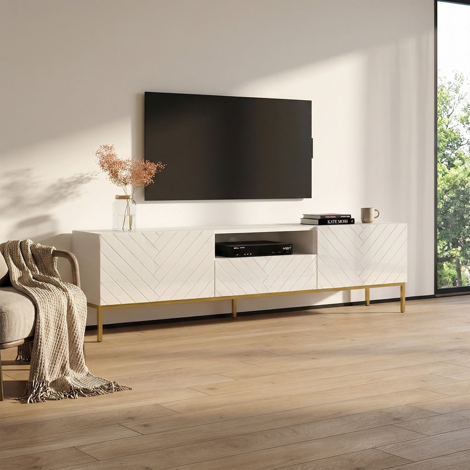 Gala 01 TV Stand for TVs up to 85", Mid-Century Modern High Gloss 75" Entertainment Center, TV Media Console with Storage Cabinets