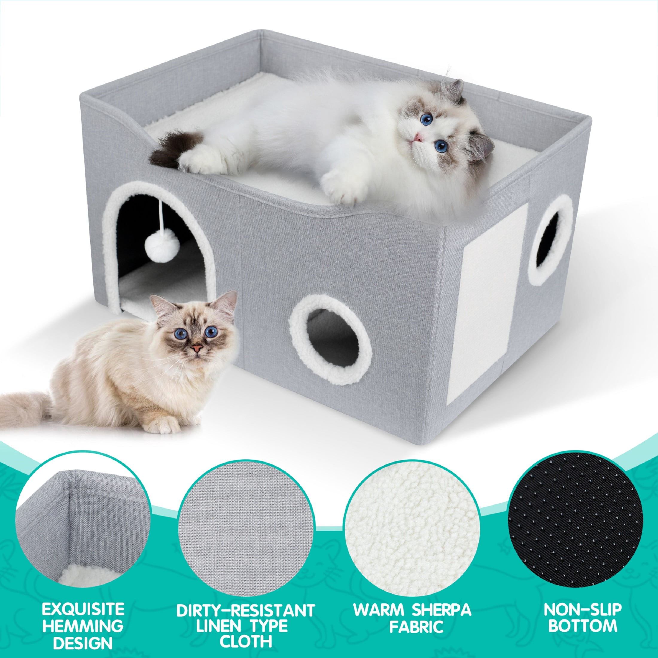 Cat House for Indoor Cats - Large Cat Bed Cave with Fluffy Ball and Scratch Pad, Foldable Cat Houses & Condos, Cat Cubes, Cat Hideaway, Covered Cat Bed for Multi Small Pet Large Kitty