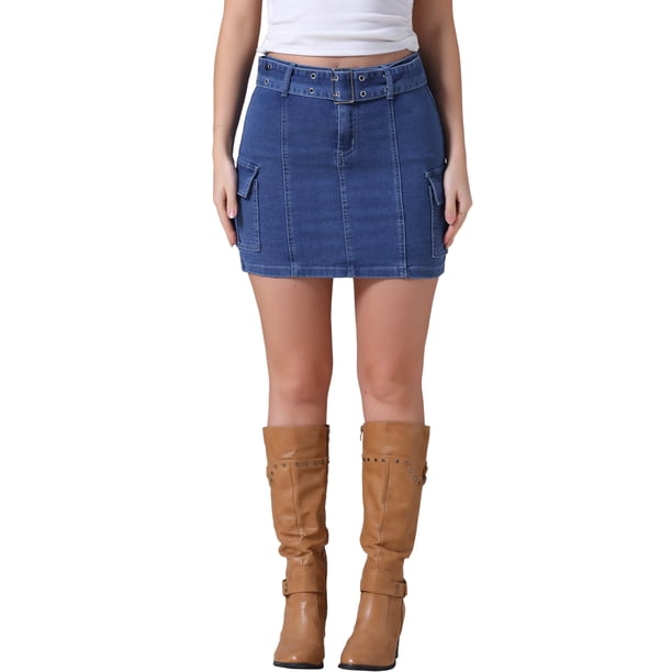 Falda de Mezclilla de Cintura Alta con Cinturón Elástico y Bolsillos Cargo para Mujeres INSPIRE CHIC M Azul