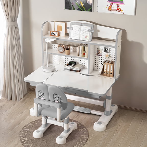 Birinta Height Adjustable Ergonomic Learning Table with Tiltable Desktop, Large Storage Drawer, Bookshelf, Hand-Cranked Lift