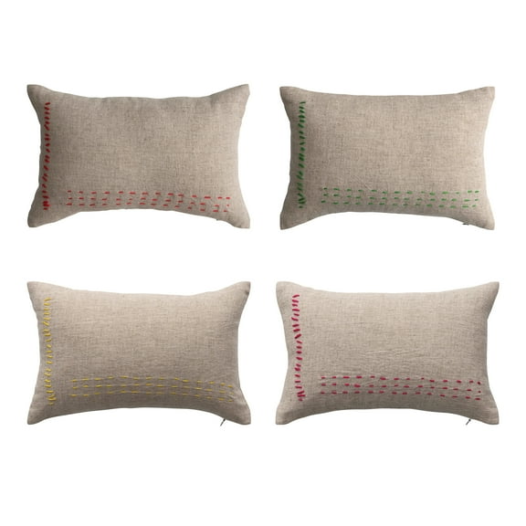 Creative Co-Op 14 Inches Linen Blend Mini Lumbar Pillow with Line Stitch Design in 4 Styles, Multicolor, Set of 4