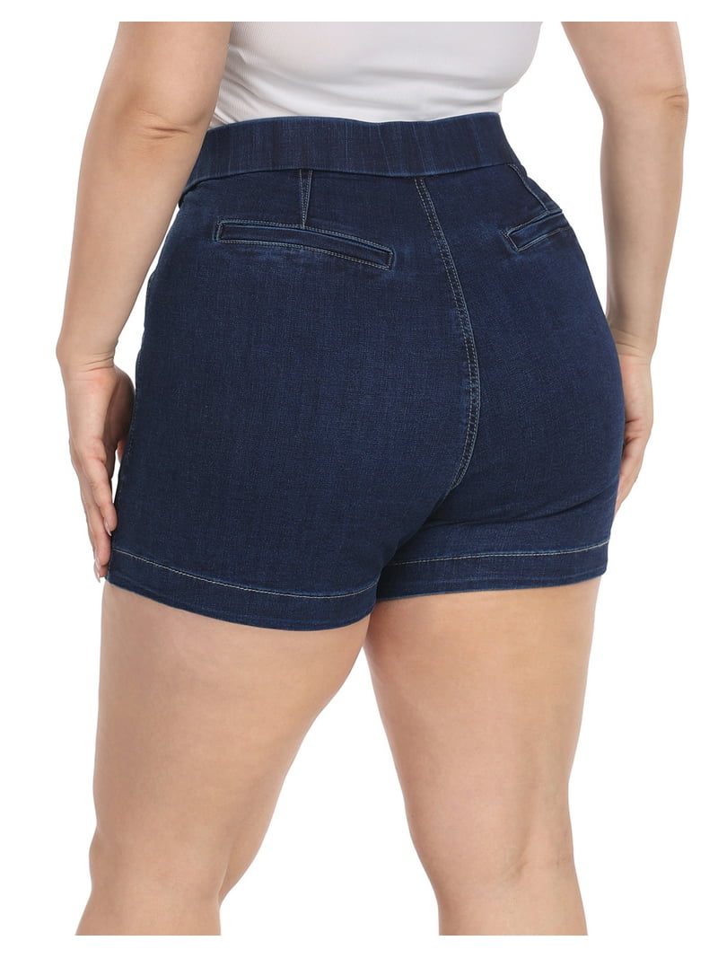 HDE Women's Plus Size Jean Shorts High Waisted Pull On Shorts Dark