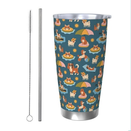 

Uemuo Beach Dog Print Travel Coffee Mug 20oz Double-walled Car Cup Stainless Steel Insulated Tumbler Leak-proof Travel Cup Reusable Straw Car Cup-Straw Two-piece Set