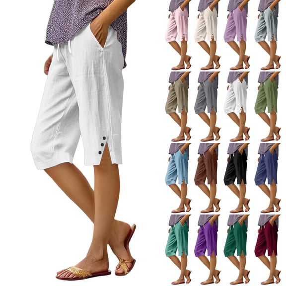 Bermuda Shorts for Women Linen Cotton Capri Knee Length High Waisted Side Split Long Shorts Button Casual Lounge Pants Green M